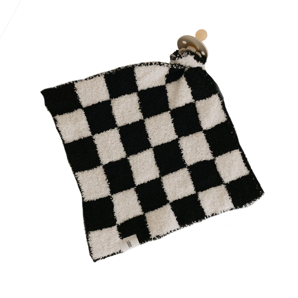 Forever French Baby | Baby Lovey | Pacifier Holder | Lovie Baby Gifts | Baby Boy & Baby Girl | Ideal for Age 0 Months & Up | Microfiber Feather Yarn (Black & White Checkerboard)