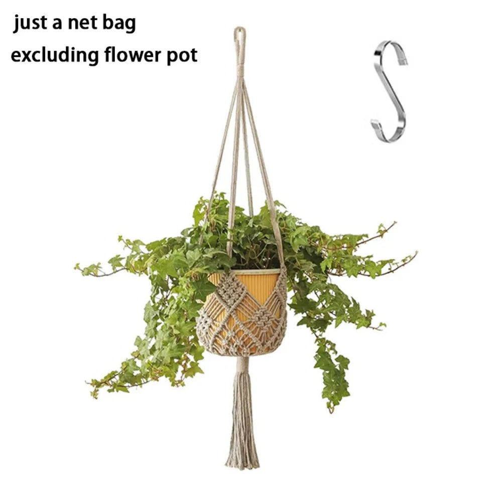 Boho Plant Hanger Cotton Rope Woven with Net Pouch Hanging Basket Macrame Flower Pot for Indoor Outdoor Hanging Succulents