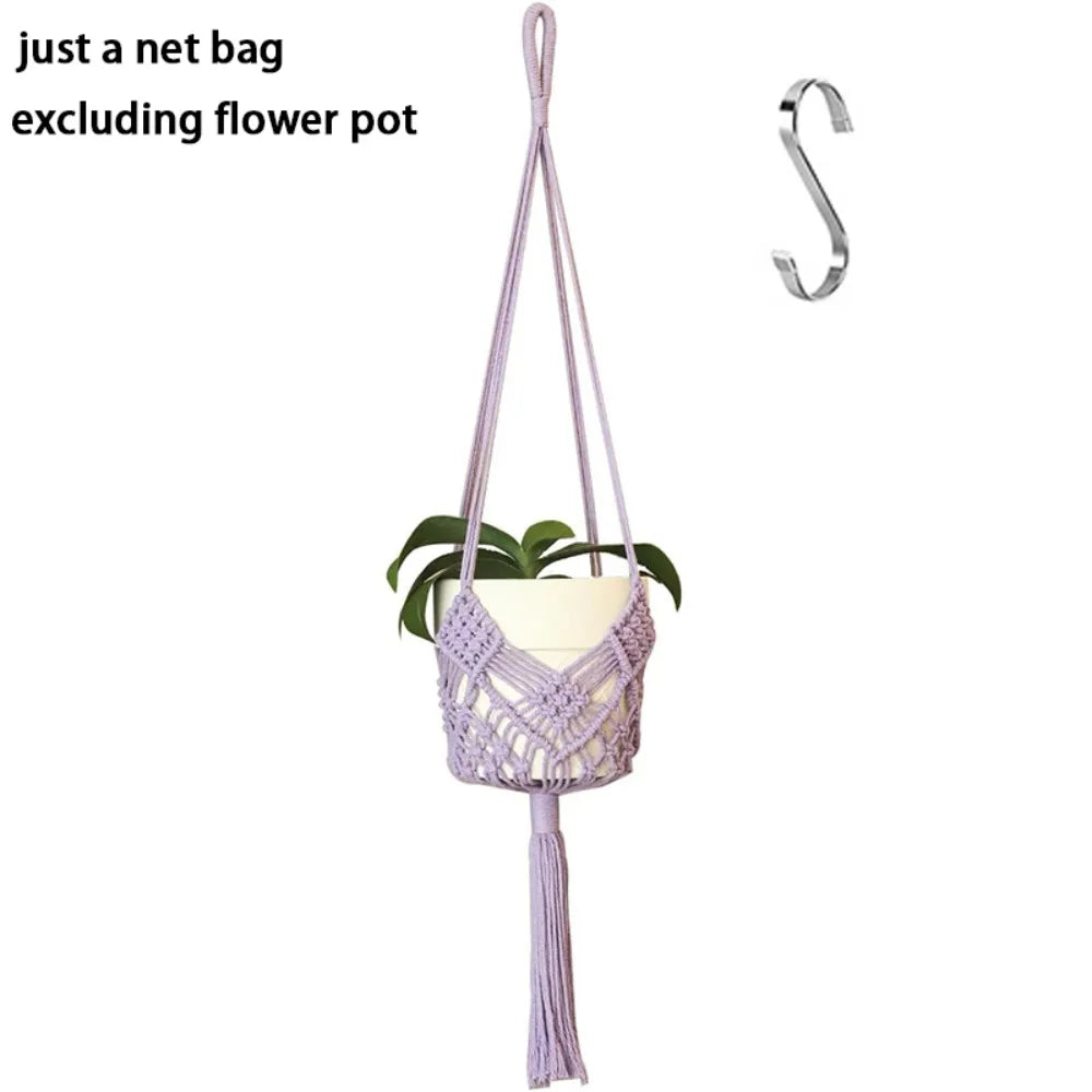 Boho Plant Hanger Cotton Rope Woven with Net Pouch Hanging Basket Macrame Flower Pot for Indoor Outdoor Hanging Succulents