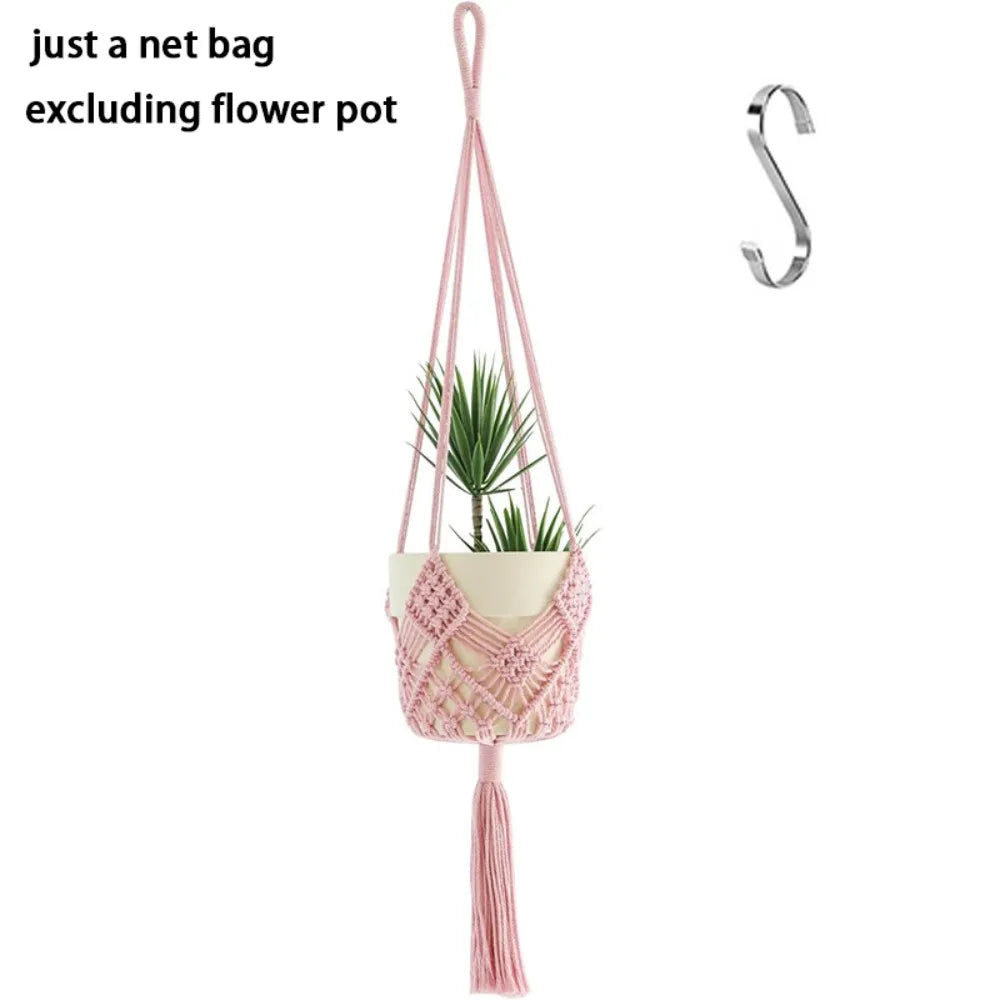 Boho Plant Hanger Cotton Rope Woven with Net Pouch Hanging Basket Macrame Flower Pot for Indoor Outdoor Hanging Succulents