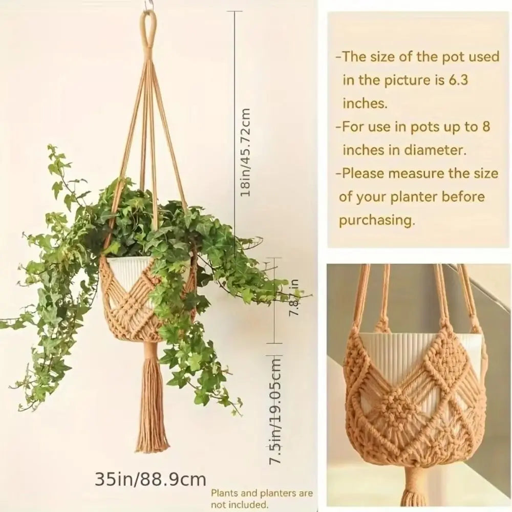 Boho Plant Hanger Cotton Rope Woven with Net Pouch Hanging Basket Macrame Flower Pot for Indoor Outdoor Hanging Succulents