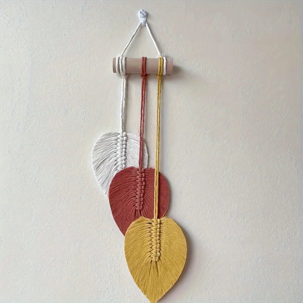 Boho Colorful Leaf Macrame Wall Hanging Handwoven Cotton Rope Tapestry with Wooden Rod for Bohemian Leaf Wall Art Ornament Gift