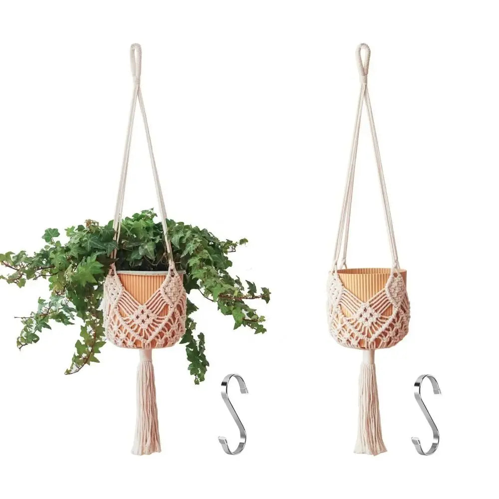 Boho Plant Hanger Cotton Rope Woven with Net Pouch Hanging Basket Macrame Flower Pot for Indoor Outdoor Hanging Succulents