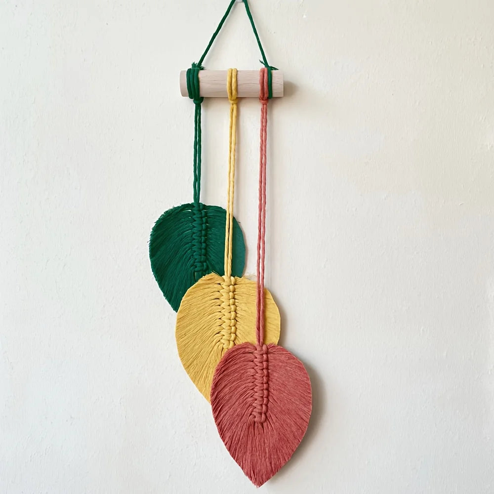 Boho Colorful Leaf Macrame Wall Hanging Handwoven Cotton Rope Tapestry with Wooden Rod for Bohemian Leaf Wall Art Ornament Gift