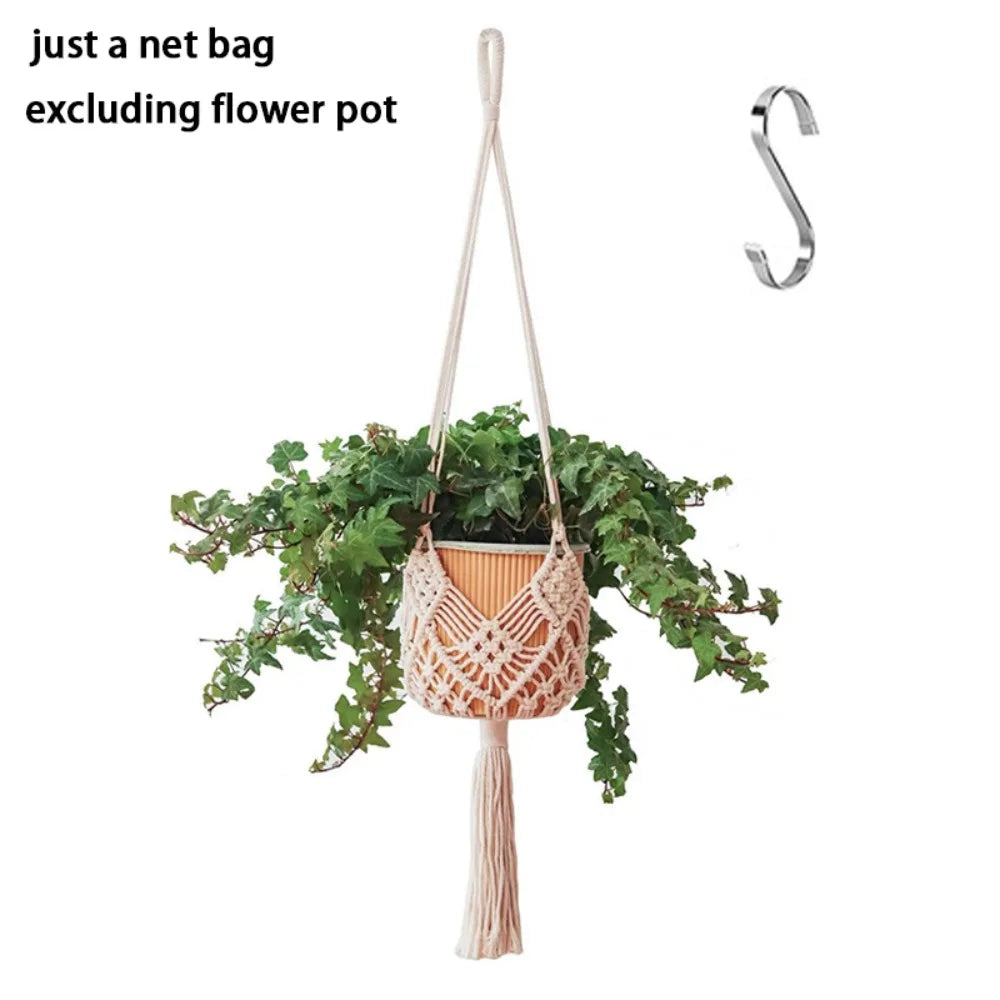 Boho Plant Hanger Cotton Rope Woven with Net Pouch Hanging Basket Macrame Flower Pot for Indoor Outdoor Hanging Succulents