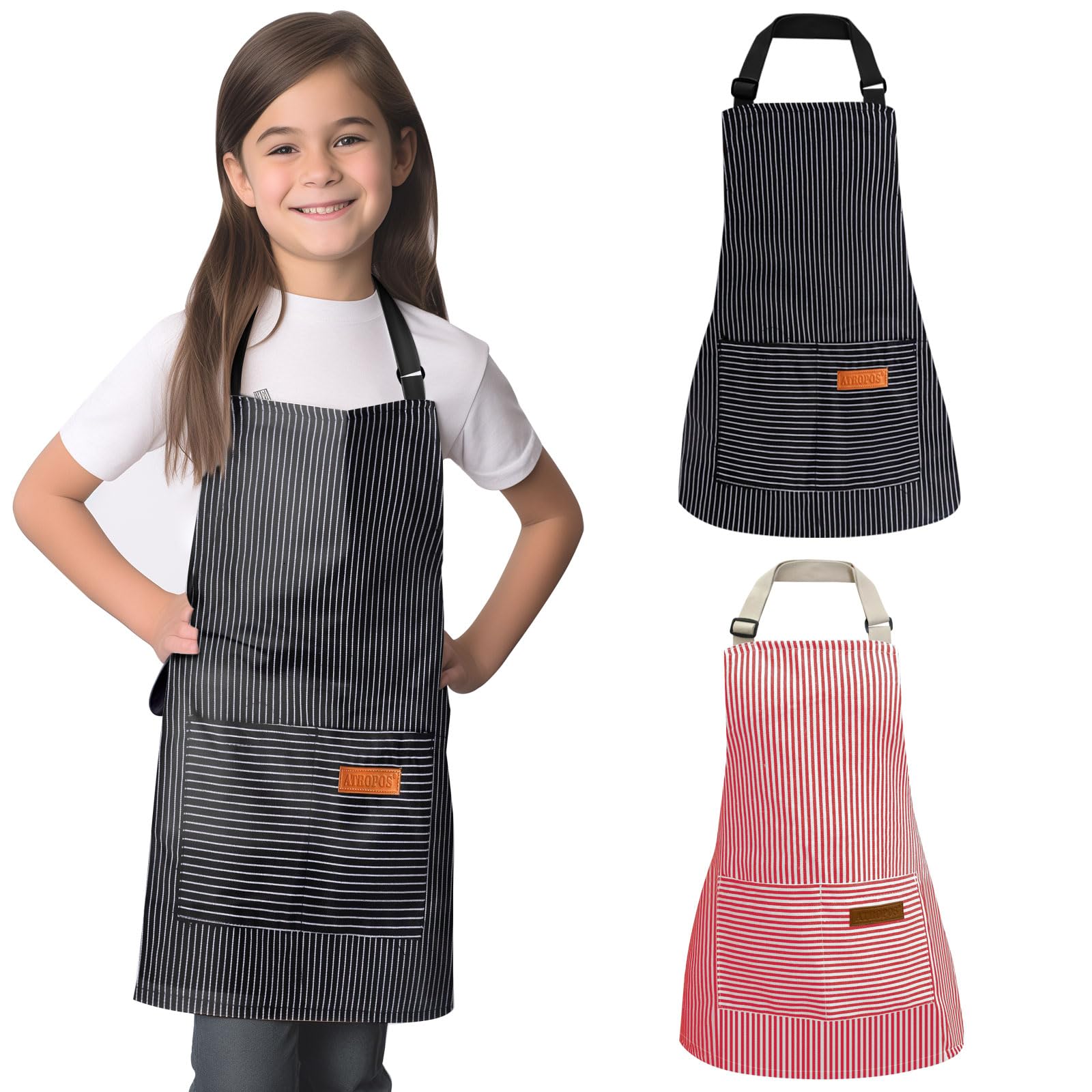 ATROPOS 2pcs Kids Aprons with Pockets Kids Chef Aprons Boys/Girls Adjustable Kids Kitchen Apron (Pink/Black)