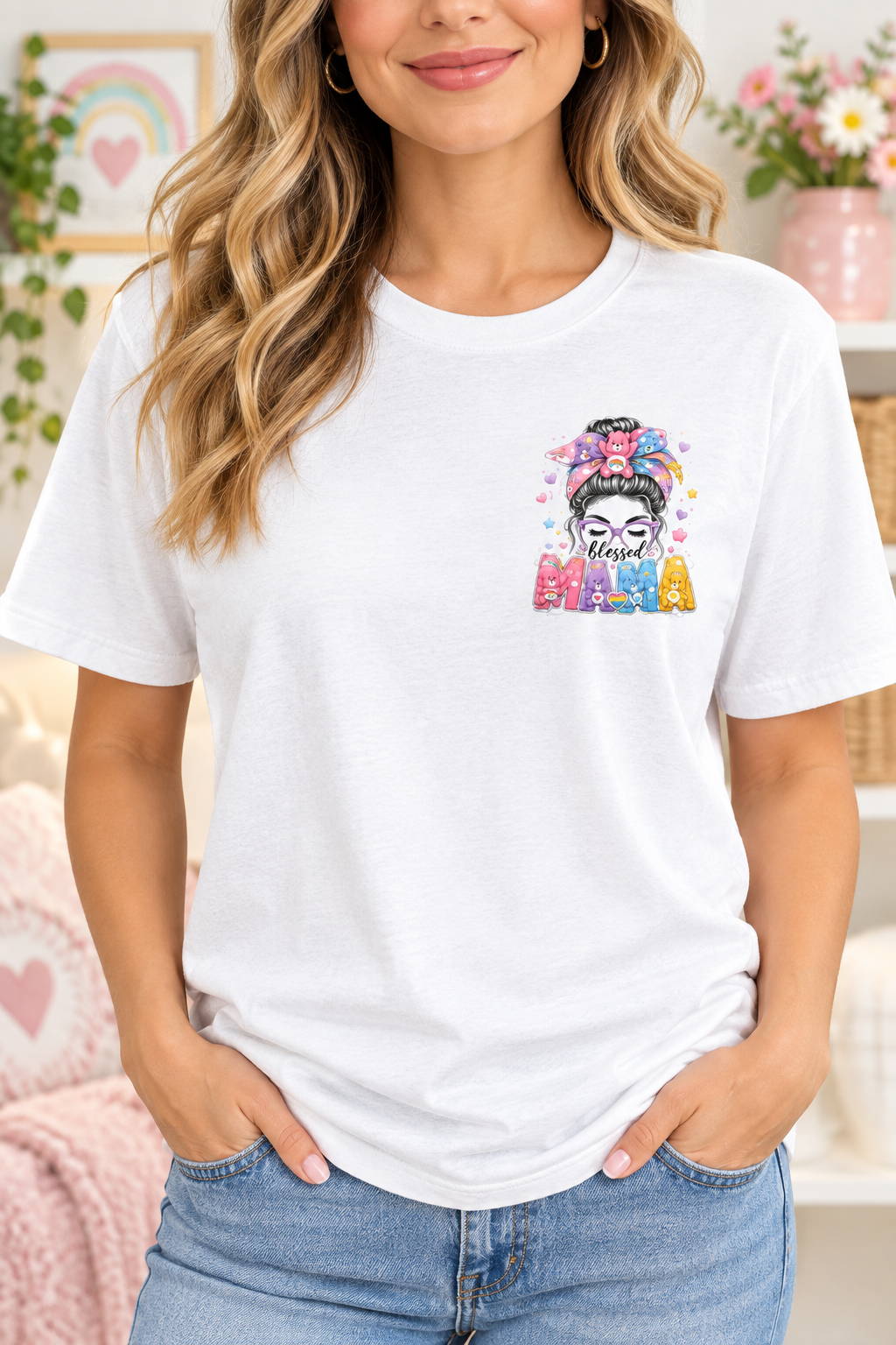 Adult woman wearing a Care Bears Blessed Mama softstyle T-shirt