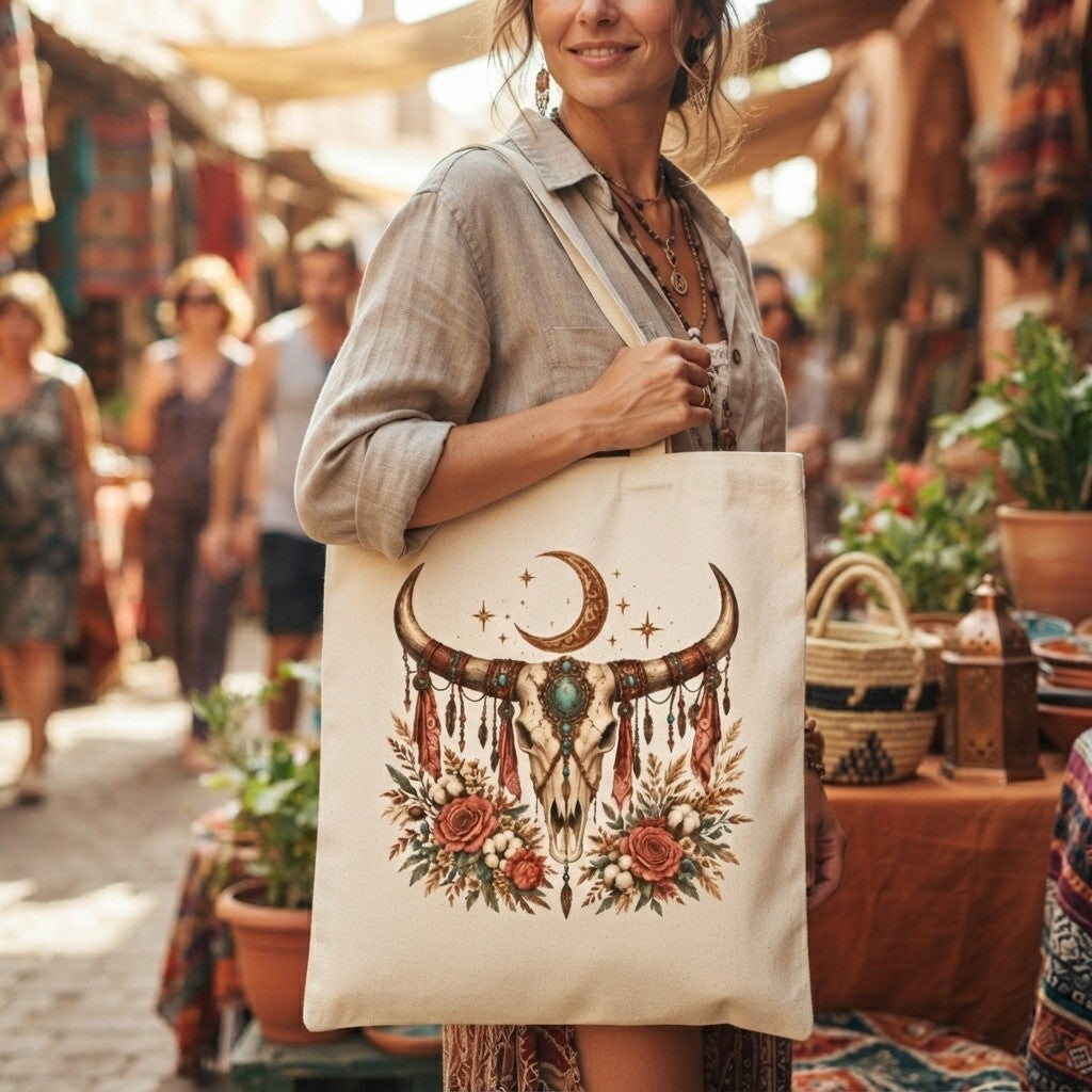 Boho Skull Canvas Tote