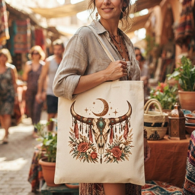 Boho Skull Canvas Tote